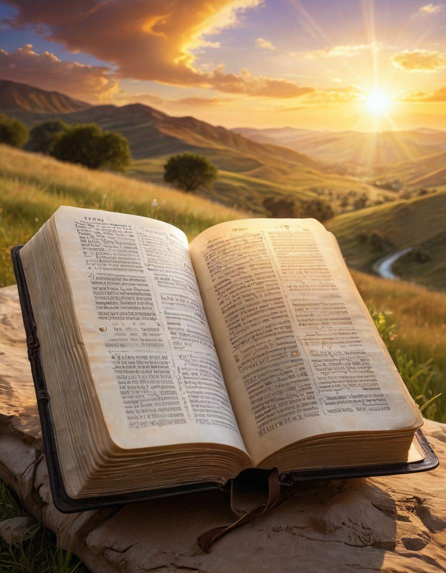 An open ancient Bible surrounded by swirling ethereal light, with pages gently fluttering as if blown by a divine breeze. In the background, a serene landscape with soft hills and a glowing sunrise, symbolizing hope and happiness. Delicate wisps of words in various languages emerge from the pages, representing the universality of wisdom. The overall atmosphere should evoke peace and enlightenment. super-realistic. vibrant colors. ethereal glow.