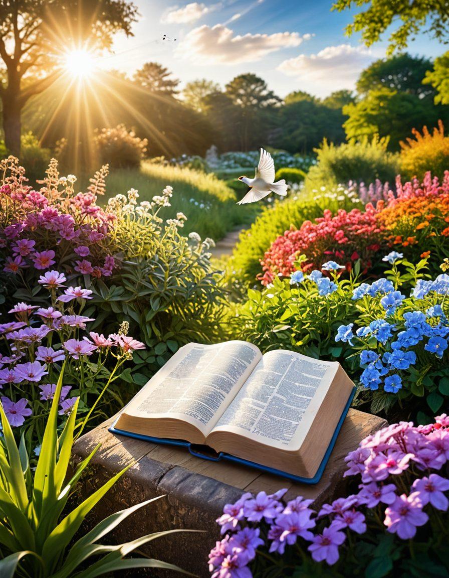A serene landscape featuring an open Bible surrounded by blooming flowers, soft rays of sunlight illuminating the pages. In the background, a path winding through a peaceful garden symbolizes spiritual growth and transformation. Include gentle birds flying in the sky, embodying freedom and hope. Enchanting colors with a warm and inviting atmosphere. vibrant colors. soft focus.