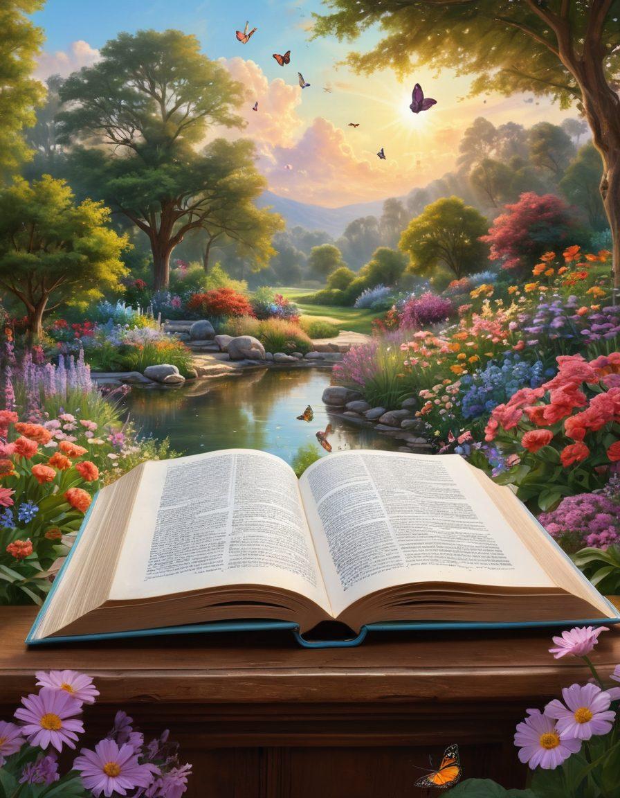 A serene landscape featuring an open book surrounded by glowing scriptures, with rays of light illuminating the pages. In the background, a peaceful garden filled with colorful flowers and butterflies, symbolizing spiritual happiness and joy. The sky above is painted in soft pastels, creating a tranquil atmosphere. super-realistic. vibrant colors.